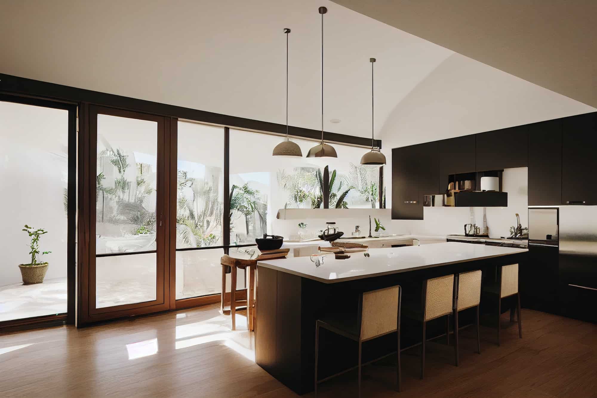 a kitchen in a post modern home in the style of a minimalist architecture wallpaper copy space backg