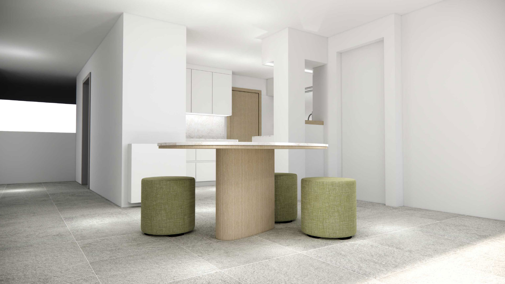 Voorontwerp moderne witte keuken met groene stoelen
