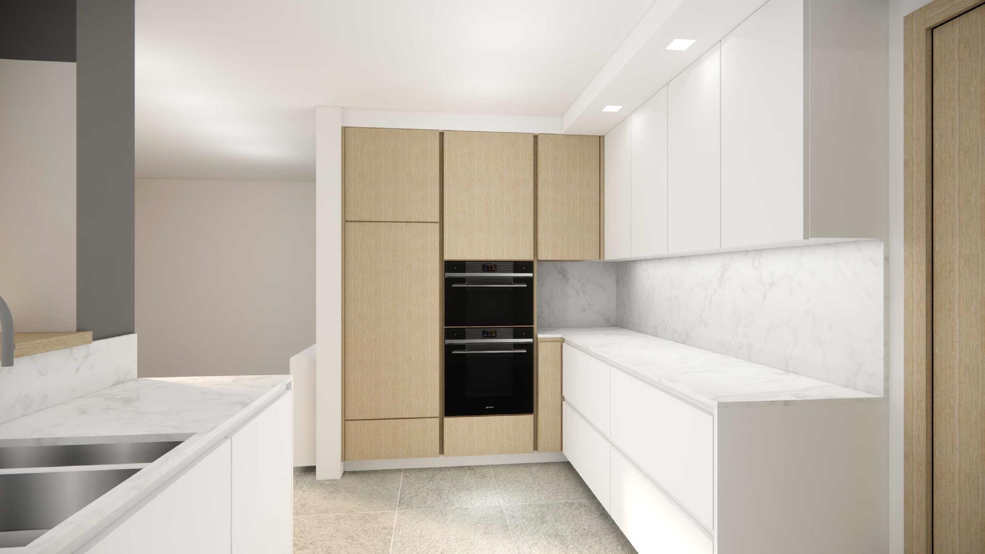 Voorontwerp moderne witte keuken met beige details